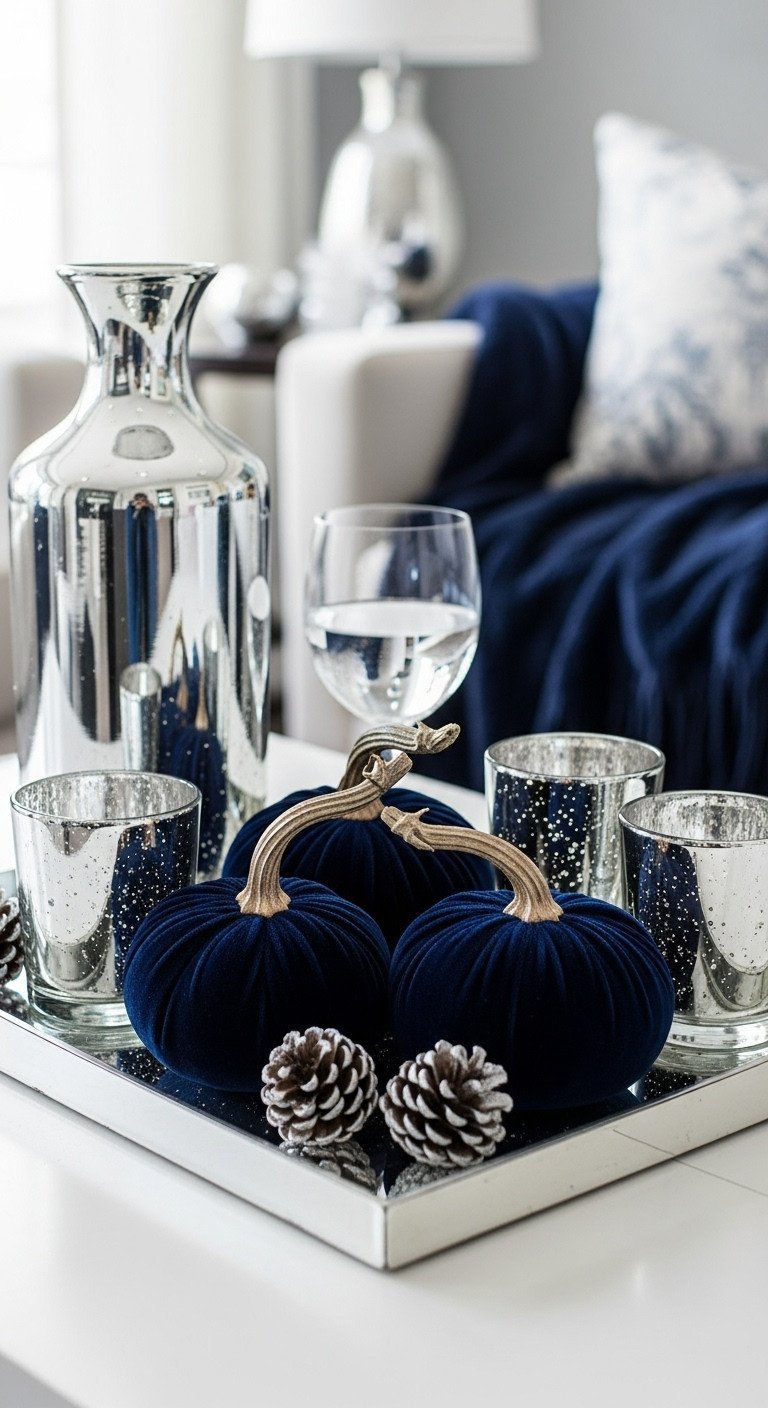 Navy and silver Christmas display: velvet pumpkins, mercury glass votives, glitter pine cones on white lacquer tray.