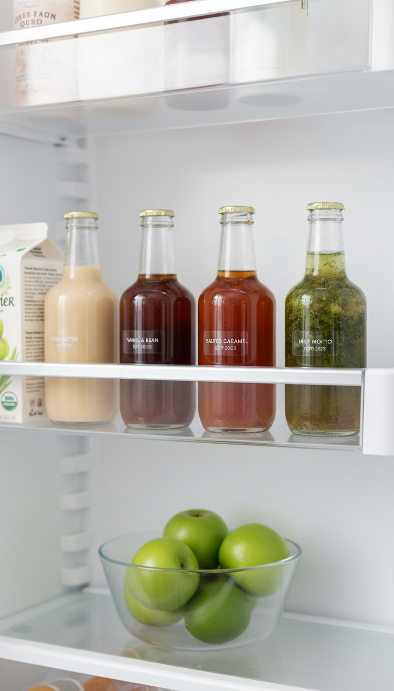 Essential Homemade Cake Batter Coffee Syrup Recipe 11 Neatly stored homemade coffee syrups, including cake batter, in elegant glass bottles on a clean refrigerator shelf.