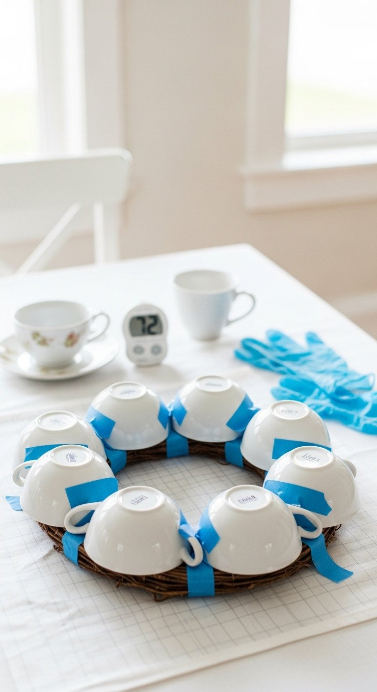 Teacup Wreath Tutorial for Permanent Vintage China Decor 11 Newly assembled teacup wreath stabilized with blue painter's tape on a white tablecloth while adhesive cures, showing DIY process.