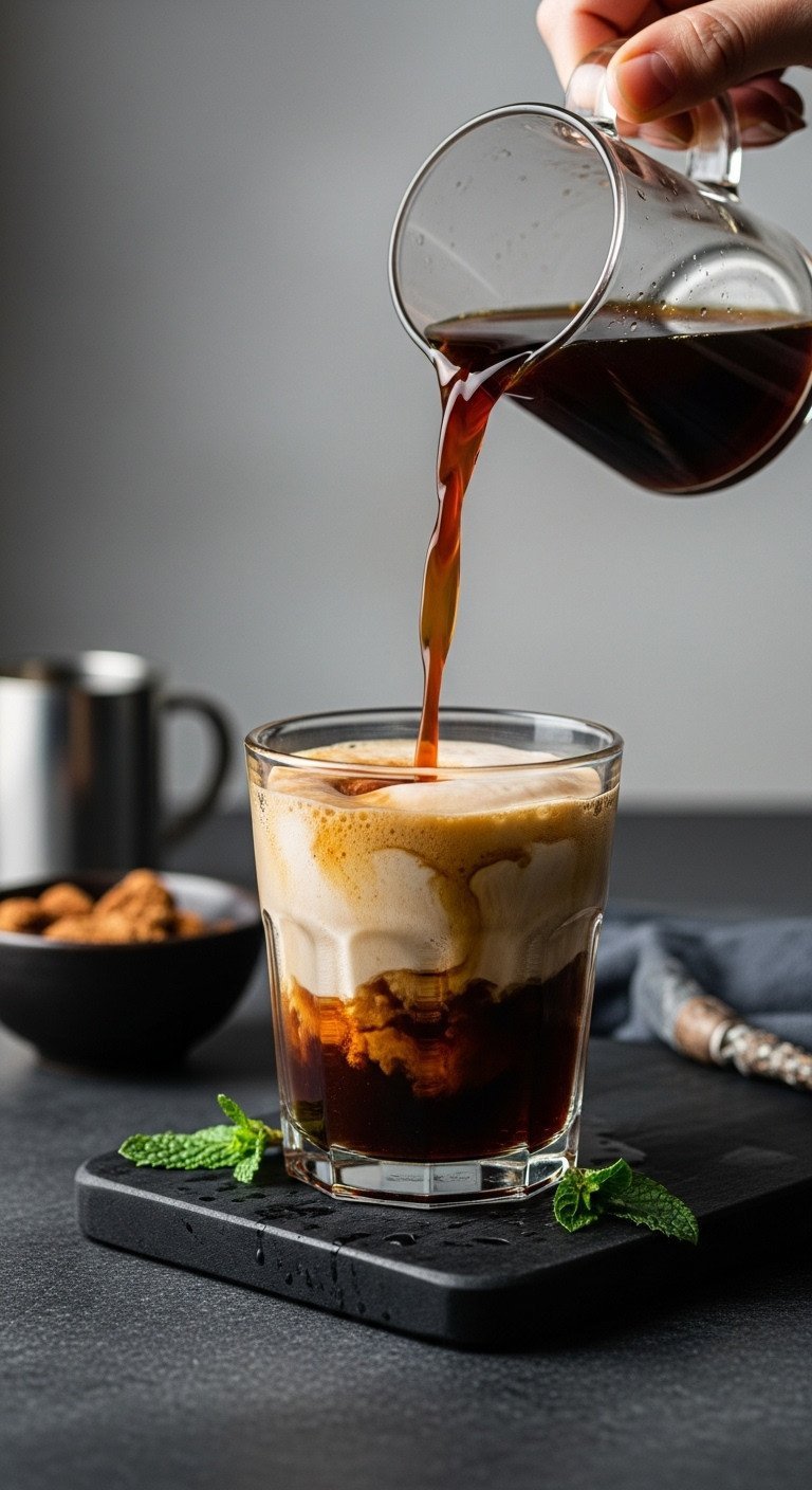 Nitro cold brew pouring into a clear glass, showing cascading effect & creamy head. Perfect finished cold brew.