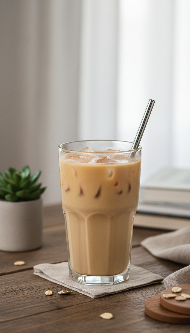 7 Sweet Dunkin Iced Coffee Orders: Ultimate Guide & Custom Tips 13 Non-dairy iced coffee with oat milk, pale uniform color, smooth blend in modern tumbler. Wooden desk, plant, soft natural light.
