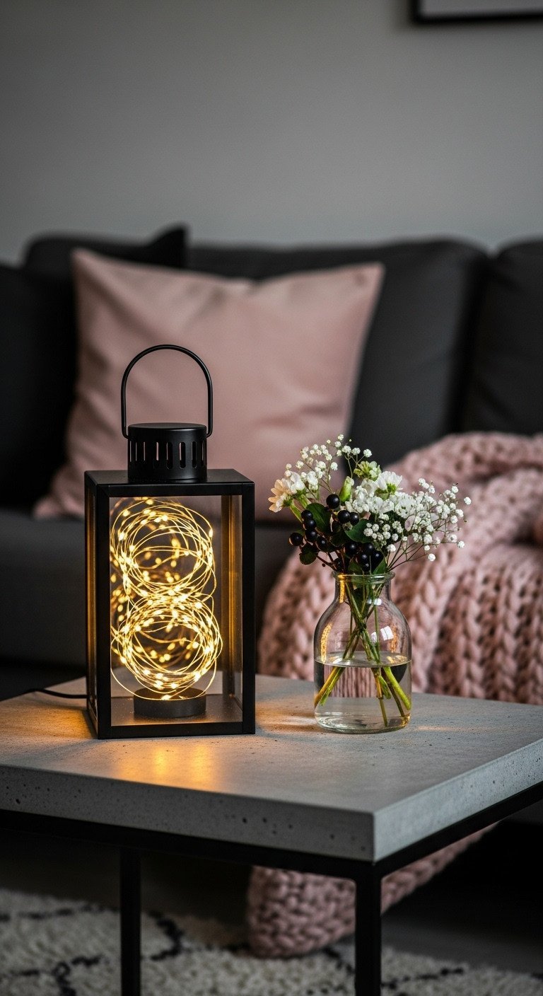 Nordic Christmas coffee table lighting: black metal lantern with LED fairy lights, white flowers, berries on concrete table.