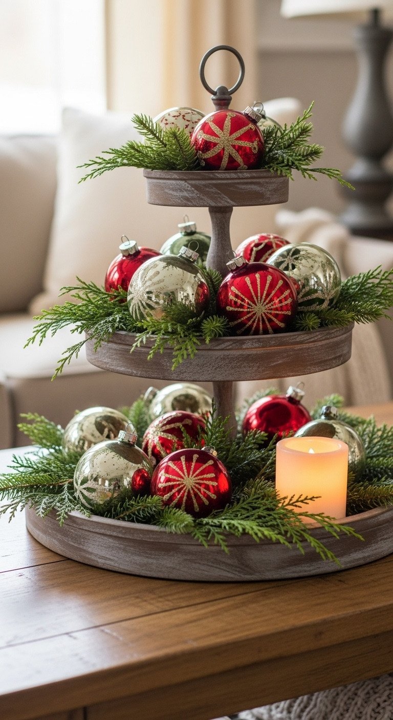 Nostalgic Christmas coffee table decor with antique mercury glass ornaments, pine, cedar in a distressed tray, cozy throw.