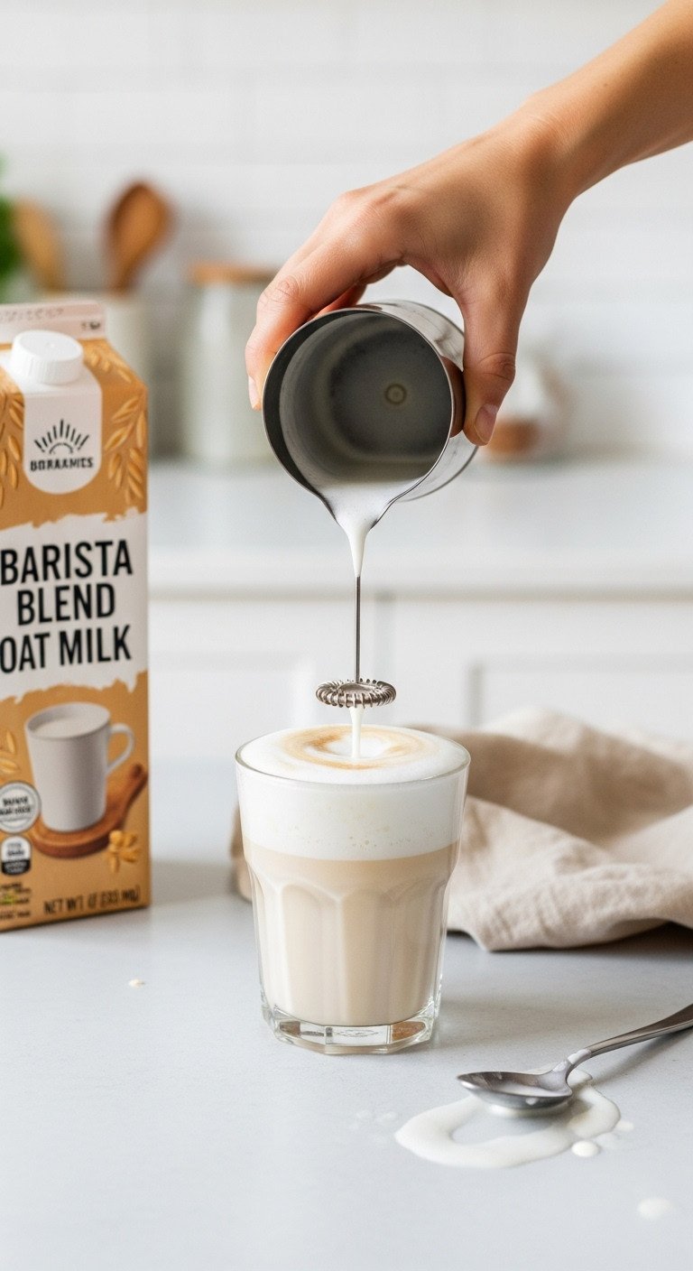 5 Genius Iced Pistachio Latte Secrets Buttery Flavor 5 Oat milk frothed in a clear glass with electric frother, microfoam for latte. Barista Blend carton on light wood surface. Coffee.