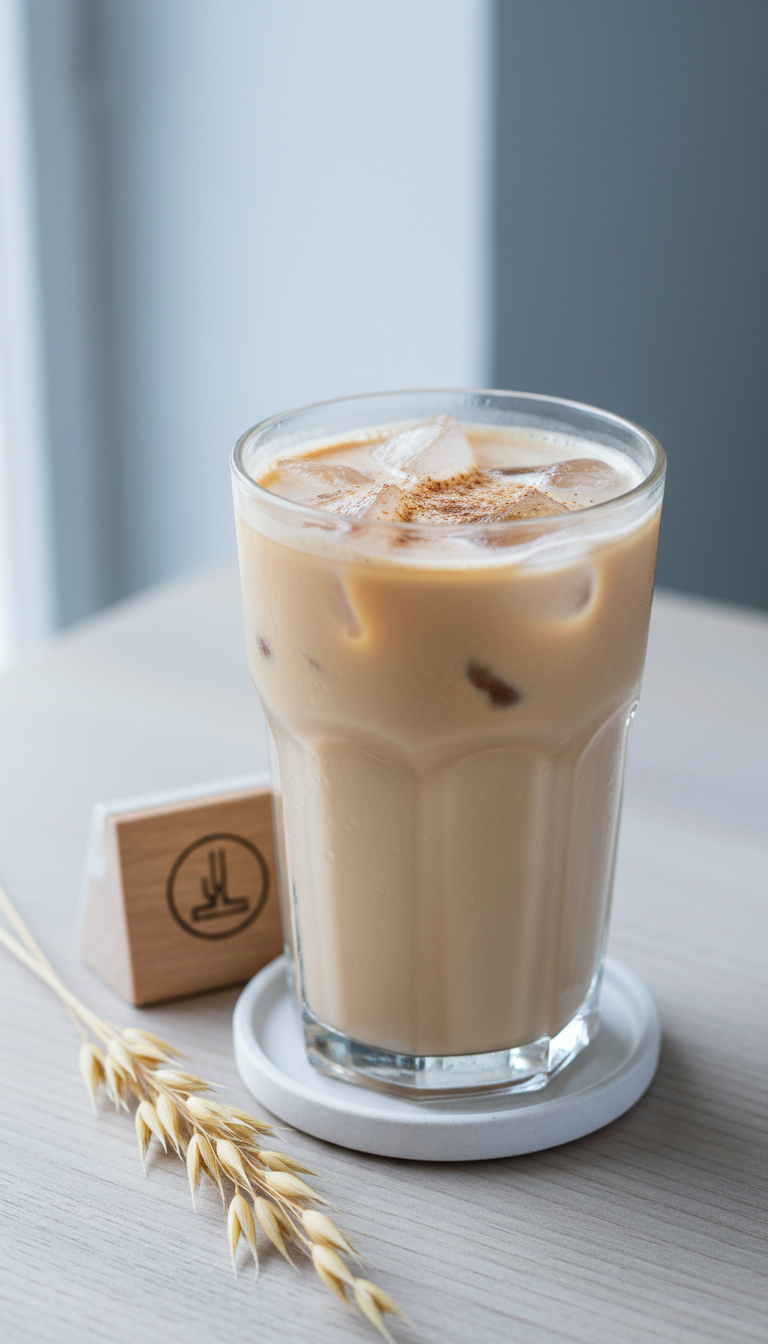 Oat milk iced chai latte, light and creamy, with dried oat grass on a natural wood surface. Fresh, dairy-free drink.