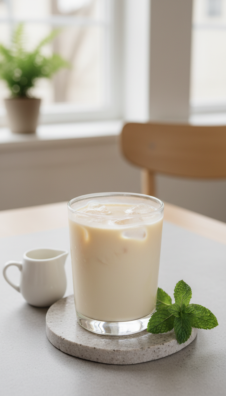 Dunkin' White Chocolate Iced Coffee Perfect Order 9 Oat milk white chocolate non-dairy iced coffee in clear glass. Pale cream, minimalist room, oat milk pitcher, fresh mint.