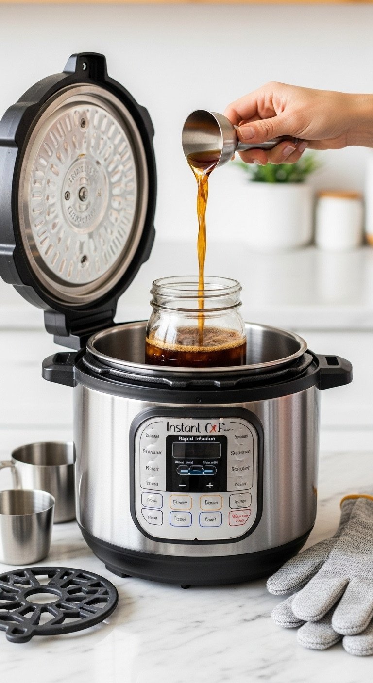 7 Essential Coffee Liqueur Hacks for Better Cocktails 9 Open Instant Pot with glass jar of coffee and spirit for rapid infusion on a marble kitchen countertop.