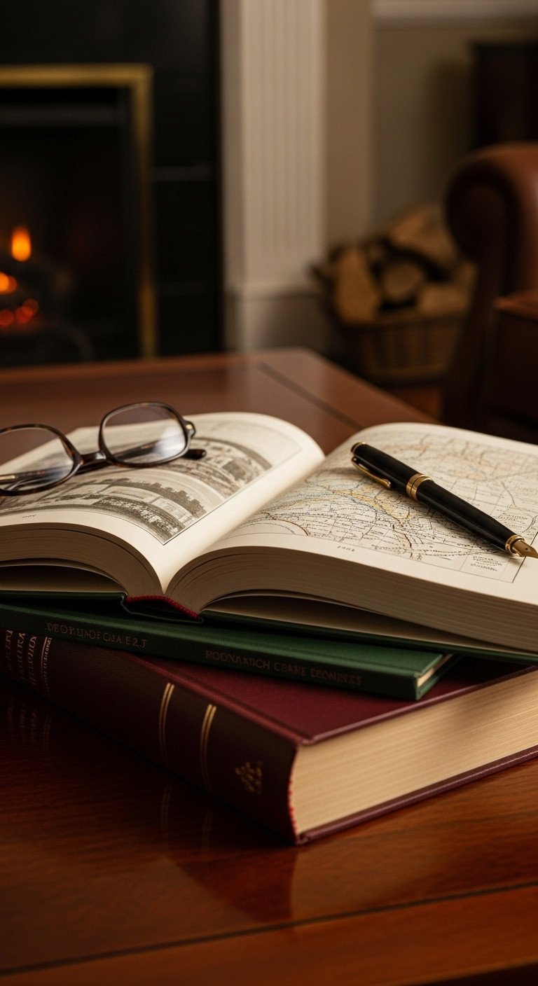 Open biographical history book displaying a map, stacked with another on mahogany table with reading glasses and pen.