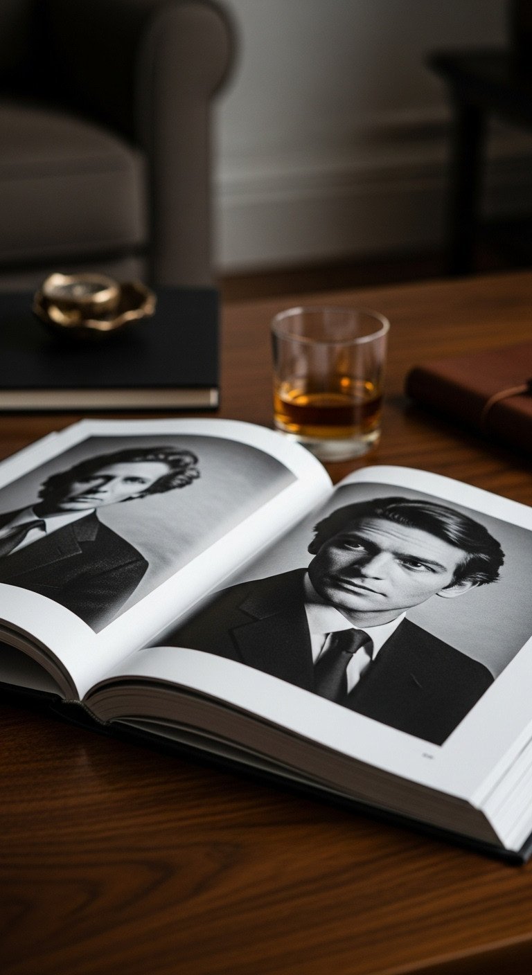 Open black and white photography book displaying a dramatic portrait, on a dark wood table with a glass of whiskey.