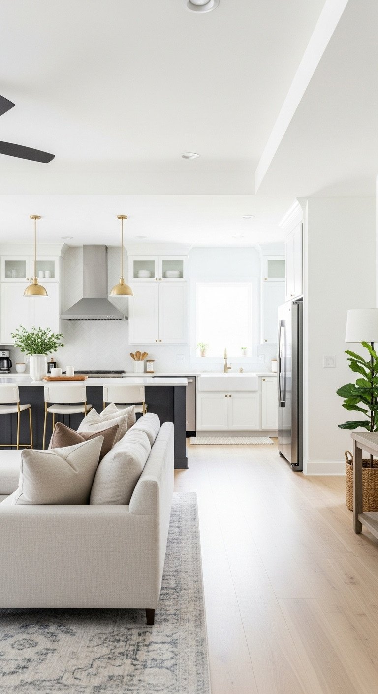 Open concept living room & kitchen: sectional sofa, rug divide. White, stainless steel, natural wood, bright light.