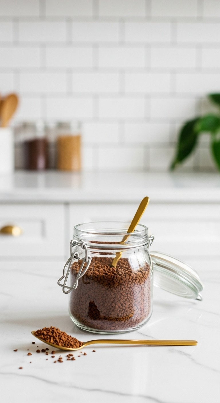 Open glass jar of dark instant coffee granules with a gold spoon on a white marble countertop in a minimalist kitchen.