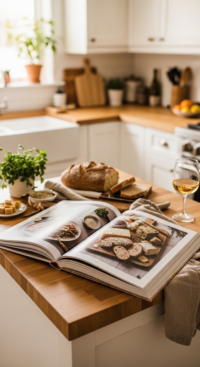 Open gourmet food coffee table book with artisanal cheese board photo, on a butcher block with herbs and wine glass.