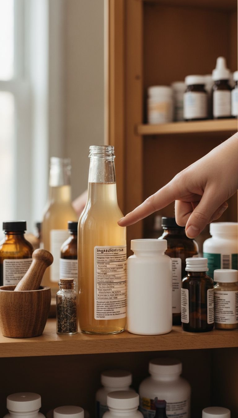 7 Genius Rules to Vetting Functional Wellness Drinks 16 Open medicine cabinet with functional beverage bottles and prescription pills; finger points to drink label. Health safety warning.