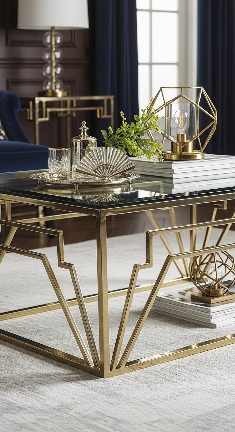 Curated Luxury Coffee Tables Finest Materials Unique Designs 15 Opulent Art Deco coffee table with clear glass top, shimmering geometric gold metal frame in a luxurious interior.