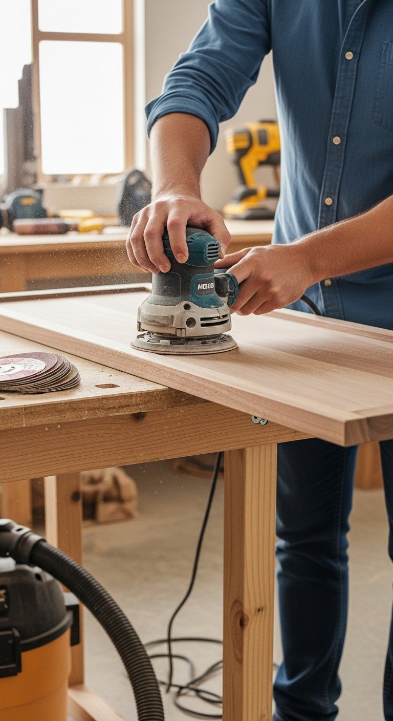 Orbital sander smoothing a wooden coffee table top, showing raw vs. sanded wood. Fine dust visible. DIY furniture preparation.