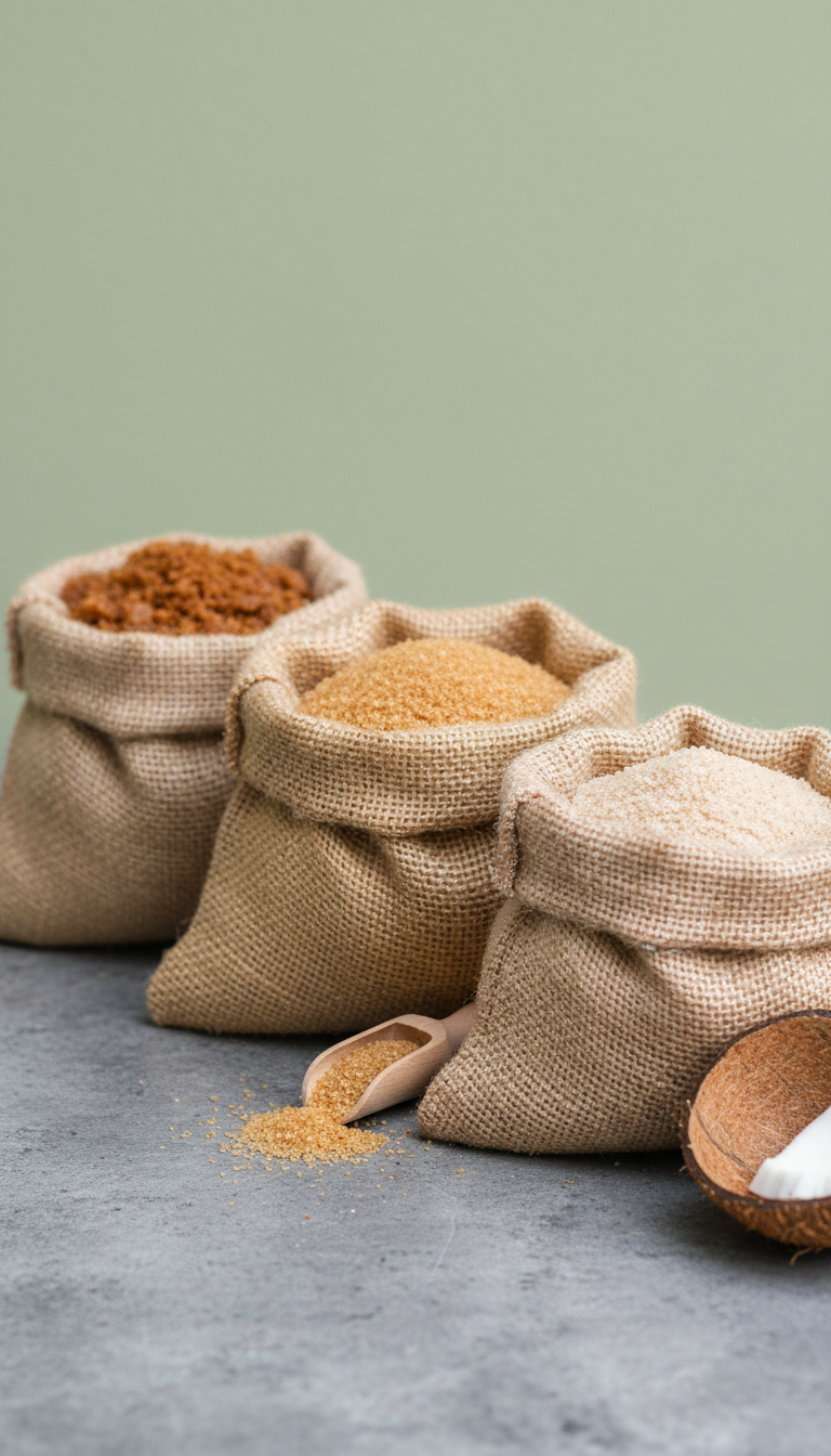 Homemade Coconut Sugar Coffee Syrup: 7 Easy Tips 9 Organic coconut sugar bags from various brands, highlighting differences in color, granule size, and texture on stone.