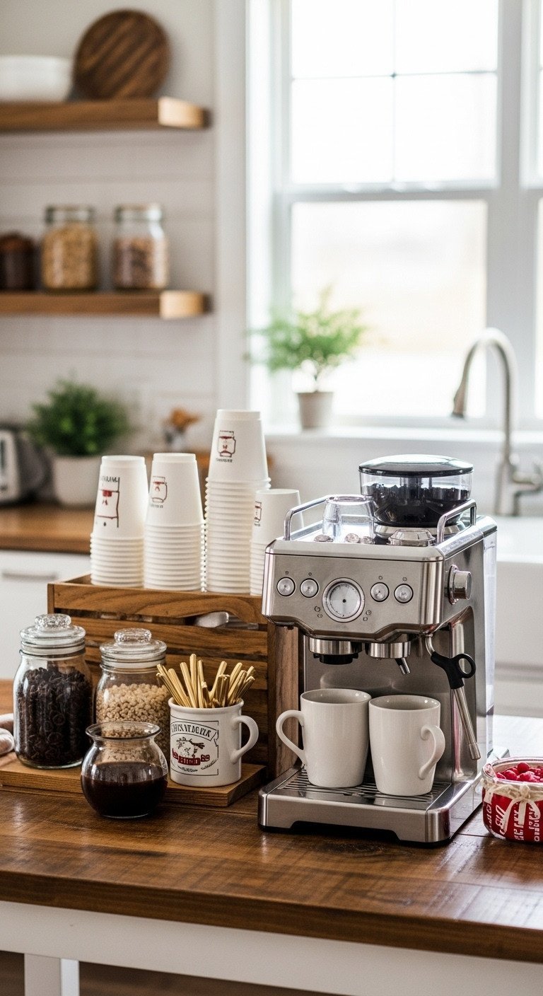 11 Genius Christmas Coffee Hot Chocolate Bar Ideas 1 Organized Christmas coffee hot chocolate bar with cups, machines, and toppings on a rustic wooden table in a cozy kitchen.