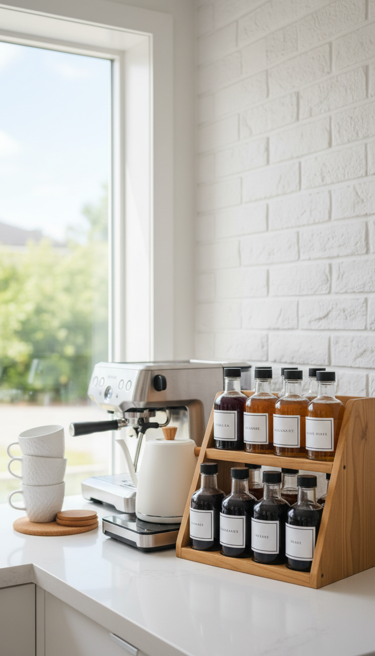 Organized coffee bar: homemade syrup bottles on a tiered wooden stand, espresso machine, mugs, and kettle.