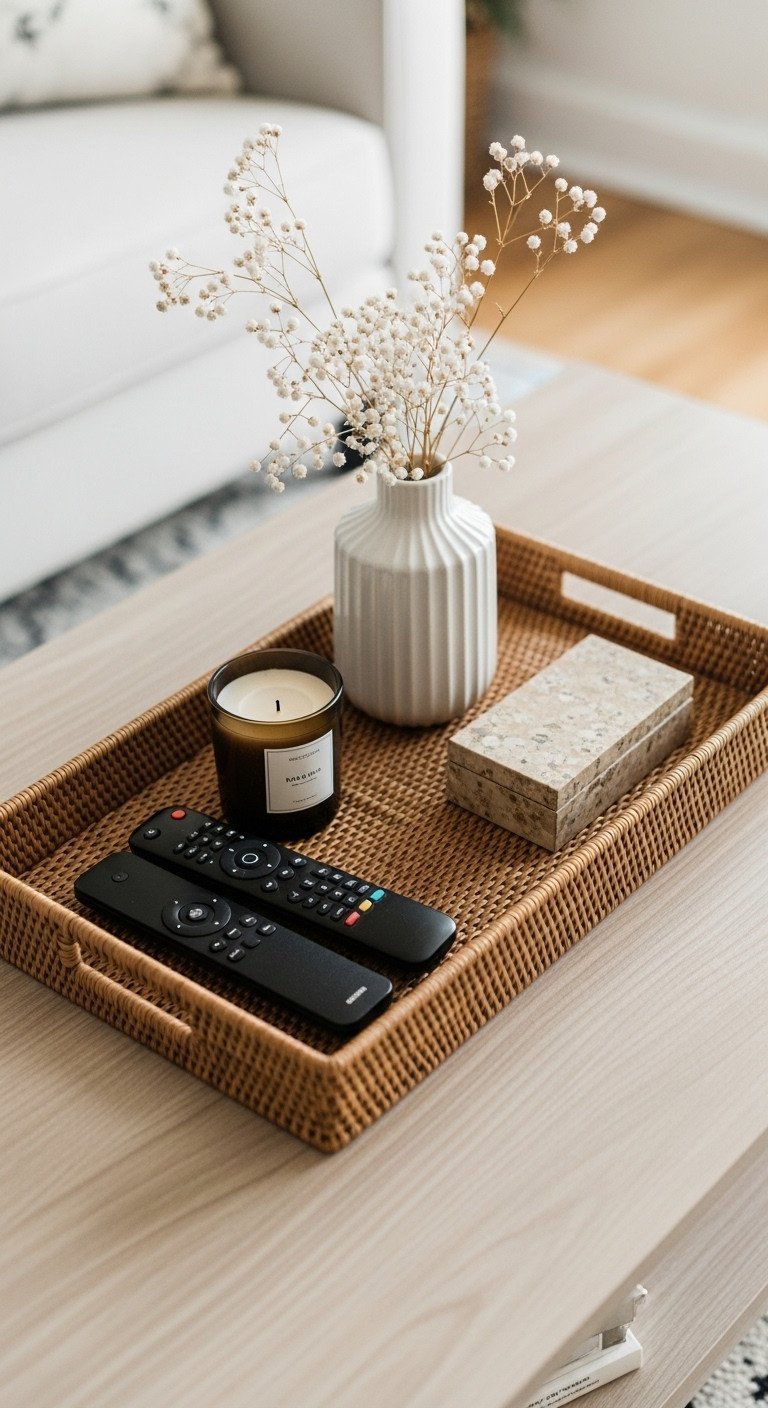 Organized coffee table: Rattan tray with remotes, candle, box on light wood for clutter control.