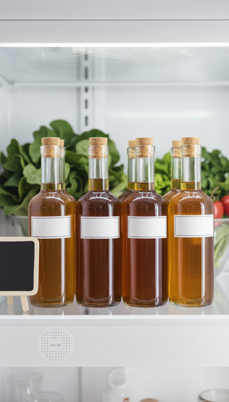 Homemade Honey Coffee Syrup: The Ultimate Easy Recipe 13 Organized glass bottles of golden honey simple syrup on a clean refrigerator shelf with produce and chalkboard label. Homemade syrup storage.