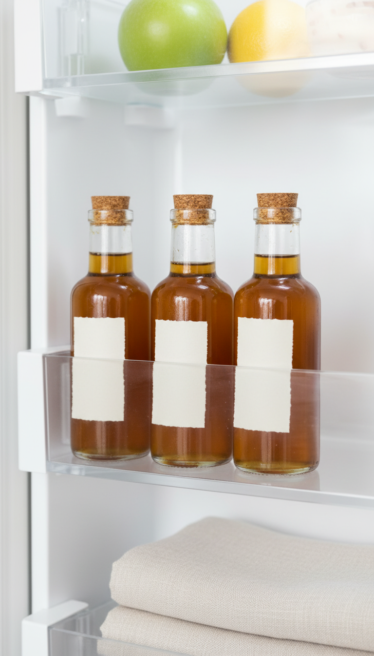 Homemade Caramel Coffee Syrup: Master This Easy Recipe 13 Organized homemade caramel syrup bottles with labels on a clean refrigerator shelf. Efficient kitchen storage solution.