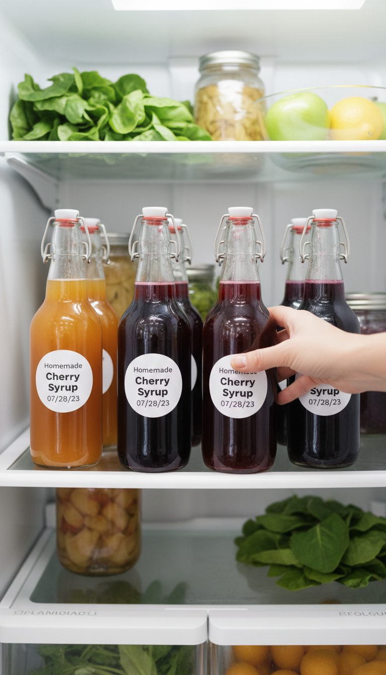 Organized homemade cherry syrup and fruit syrup bottles with labels on a clean refrigerator shelf, with a hand reaching for one.