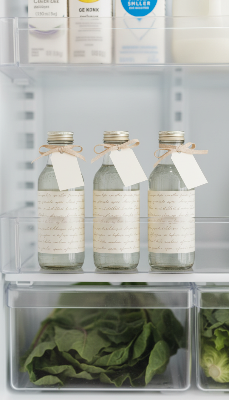 Organized homemade syrup in clear glass bottles with labels, stored on a refrigerator shelf with blurred produce.