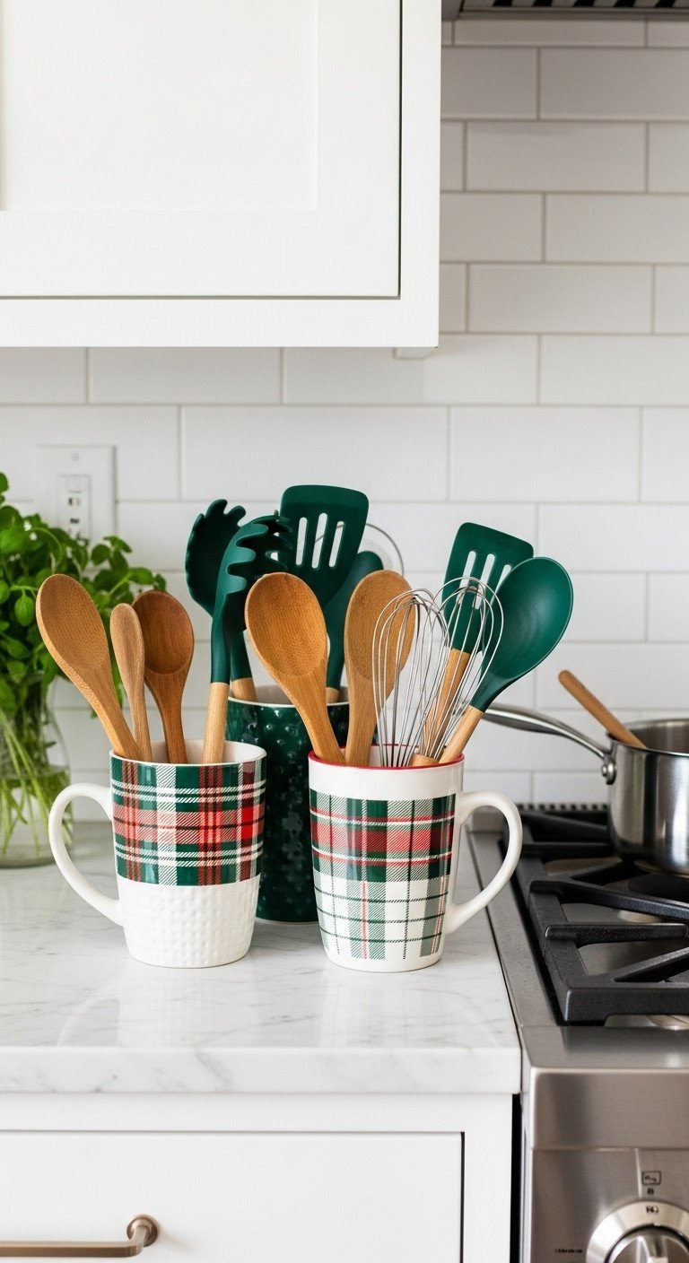 Organized kitchen countertop with festive plaid holiday mugs storing wooden spoons, whisks, spatulas. Clean kitchen storage.