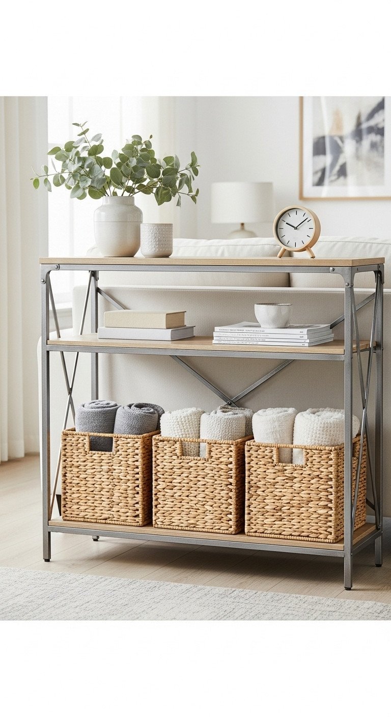 Organized living room with multi-tiered metal sofa table, open shelves, woven storage baskets, decor, white, natural wood, and beige textures.