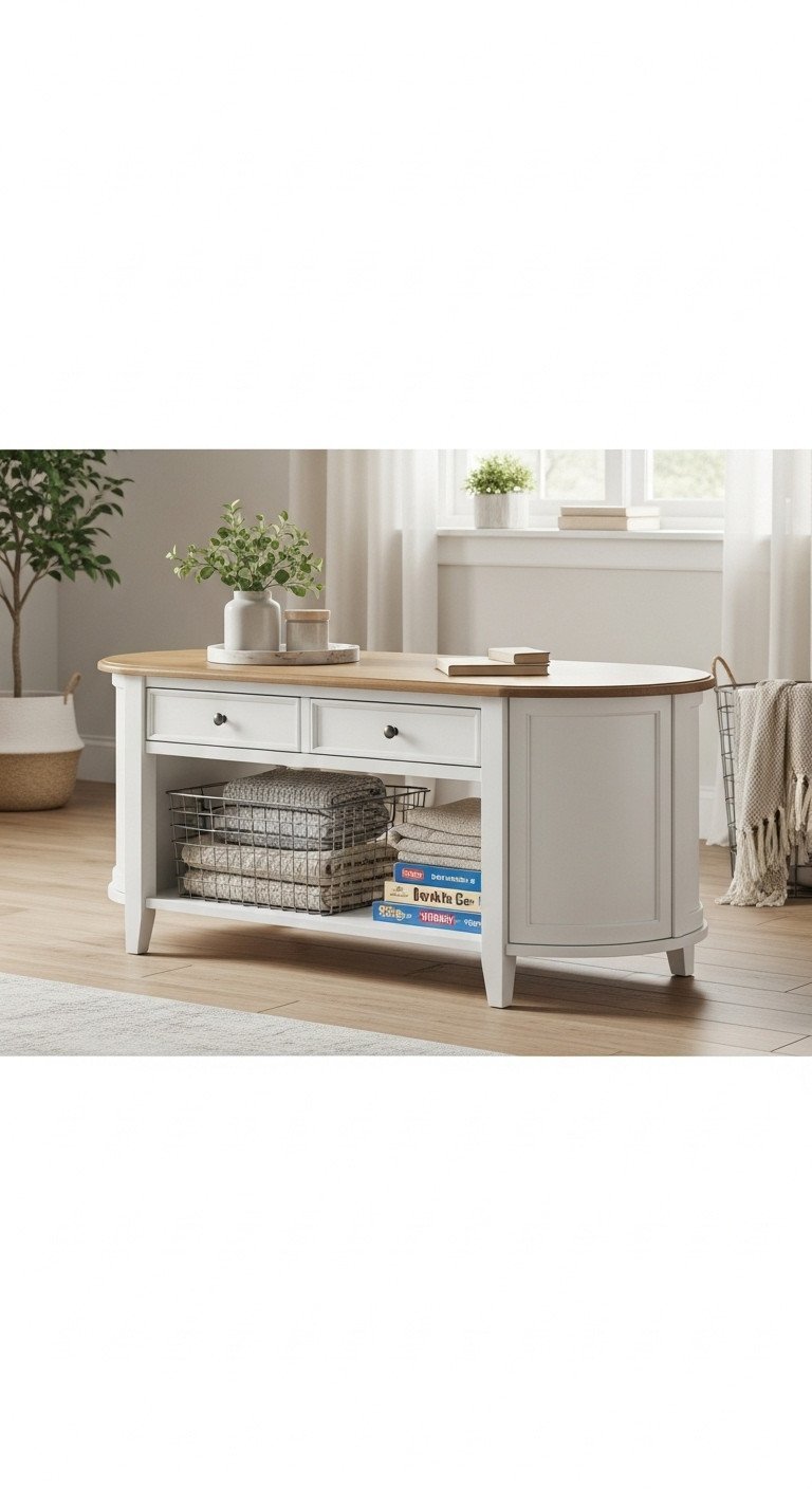 Smart Oval Coffee Table Ideas to Elevate Your Living Room 11 Organized oval storage coffee table with visible drawers and shelves, holding blankets and books in a clean living room.