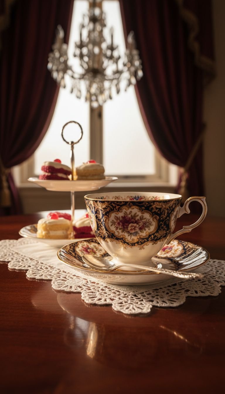11 Tea Cup Aesthetic Styles The Ultimate Visual Guide 7 Ornate Victorian bone china teacup, gold, crimson, cobalt pattern, silver spoons, lace doily, petit fours. Luxurious formal teaware.