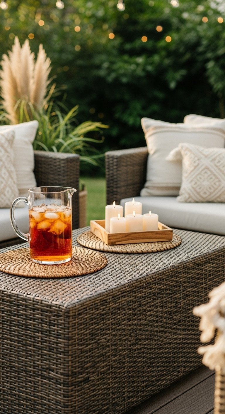Discover 11 Genius Boho Coffee Table Ideas for Eclectic Homes 21 Outdoor boho coffee table of wicker/wood with iced tea, placemats, citronella candles on a patio, lush greenery background.