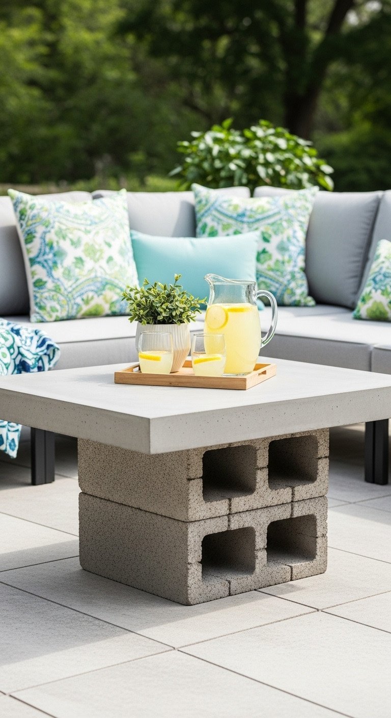 Outdoor concrete coffee table with an unpolished slab top and cinder block base on a modern patio with greenery.