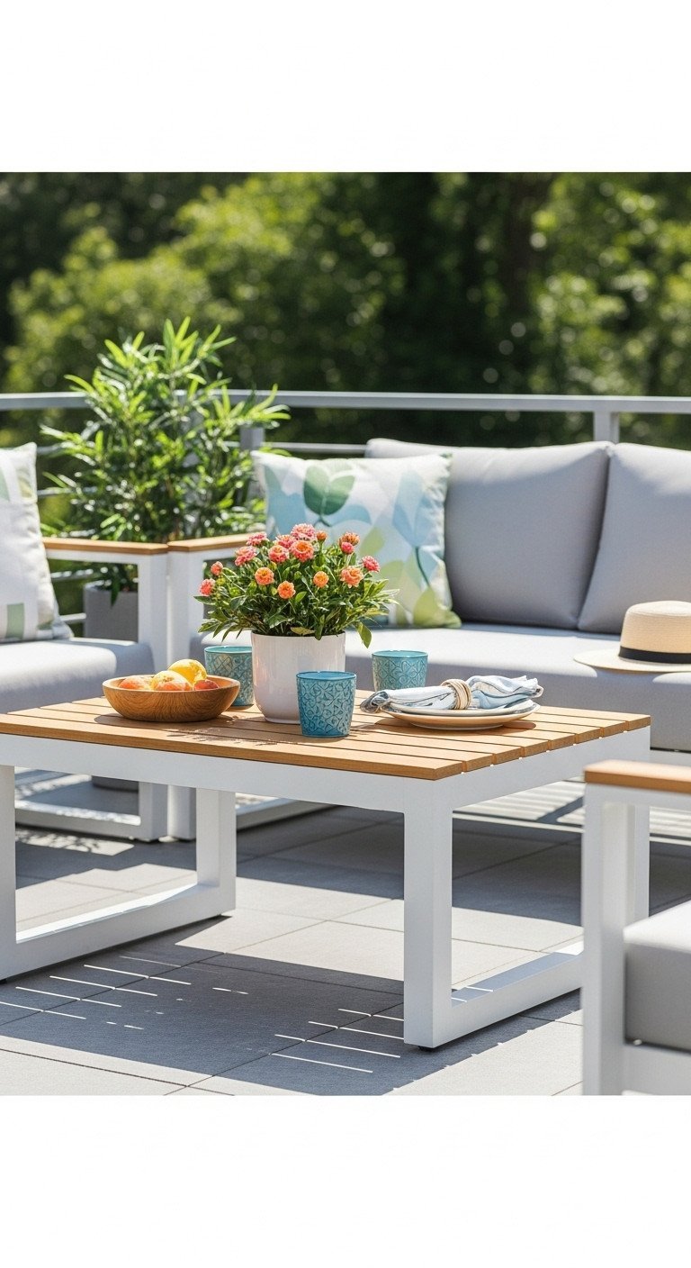 Outdoor low-profile coffee table, teak/concrete, weather-resistant. Sleek, durable design for modern patio.