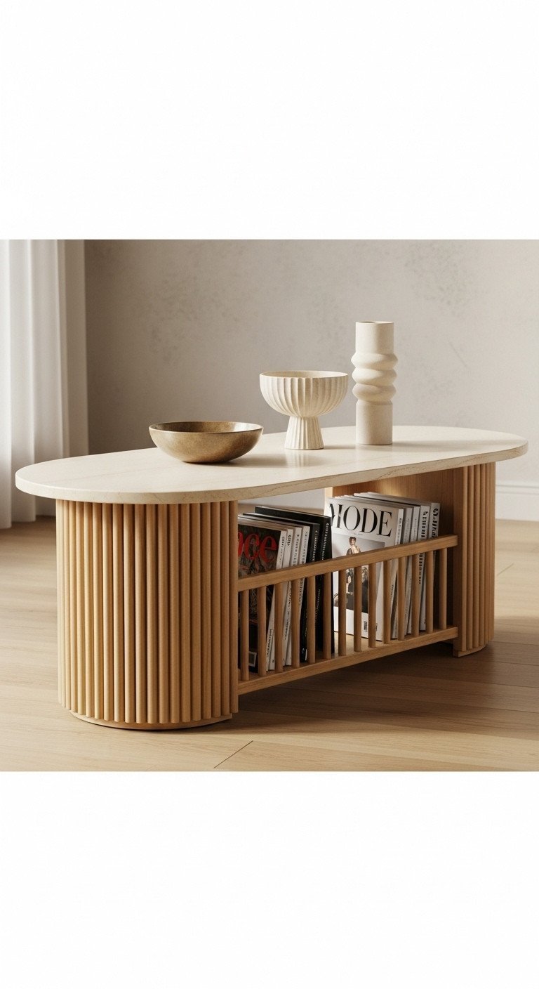 Genius Fluted Coffee Table Storage Ideas For Modern Homes 15 Oval fluted coffee table with slatted rack for magazines. Elegant, airy living room in warm creams and natural wood.