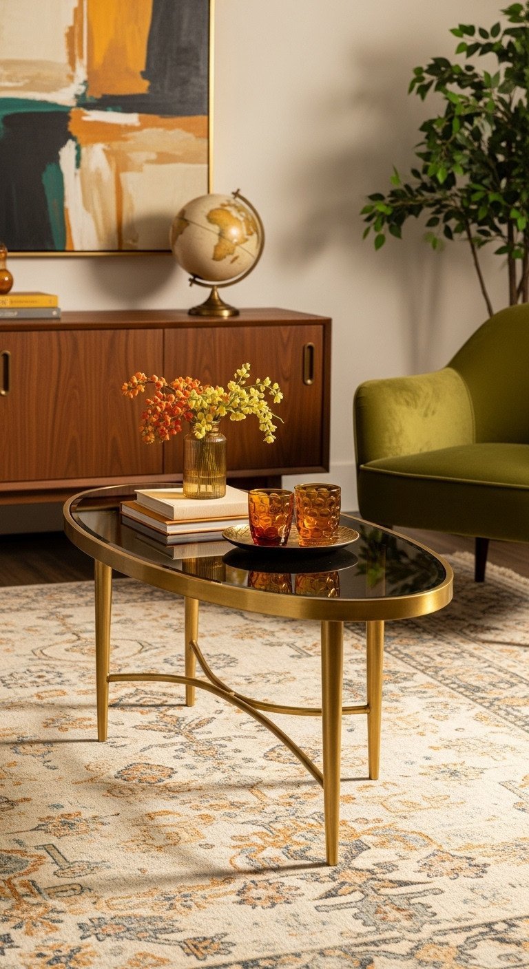 Oval gold metal coffee table with polished brass, dark glass top in a mid-century modern living room.