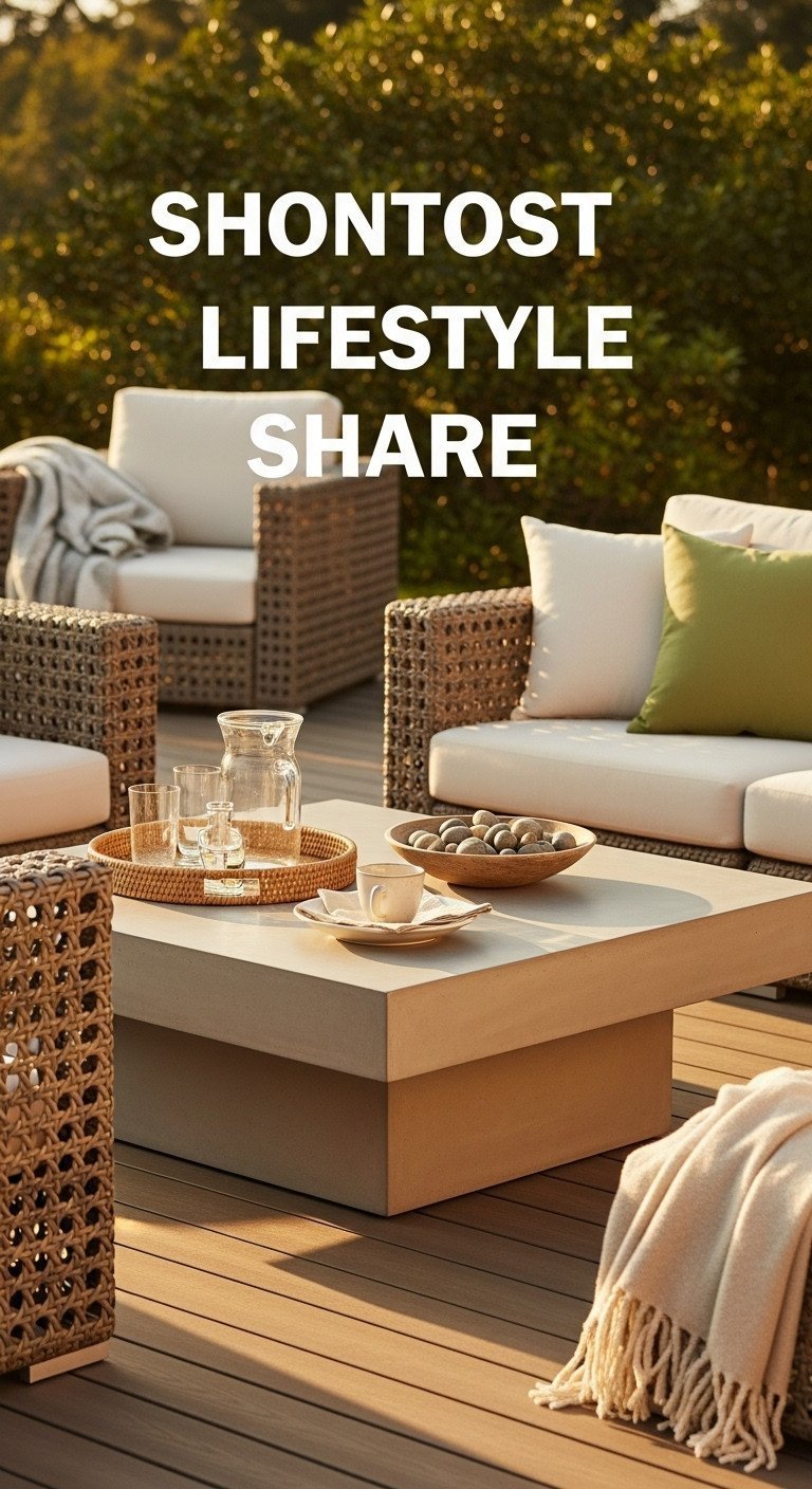 Oversized concrete coffee table centerpiece on a composite wood deck with rattan patio furniture, lush greenery. Cozy outdoor lounge.