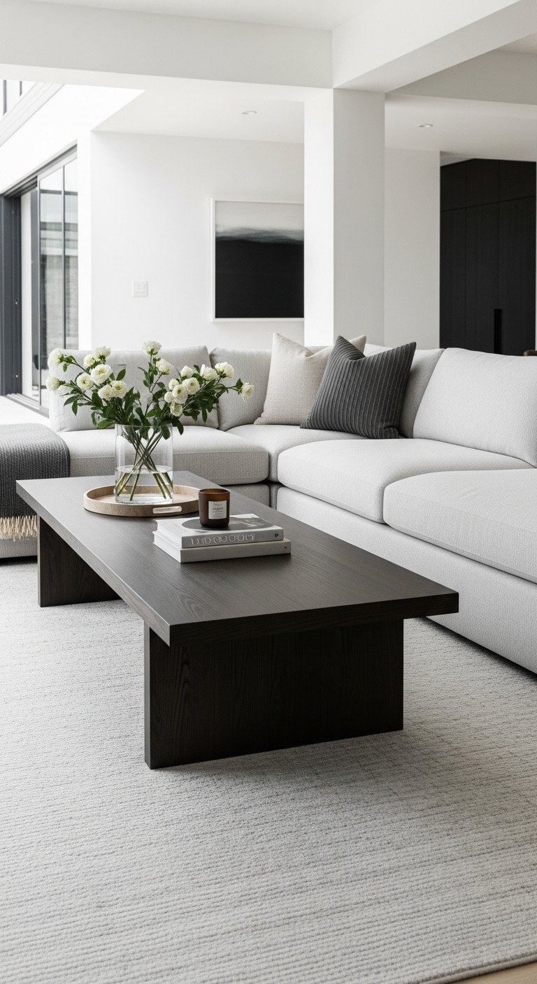 Oversized low rectangular coffee table, sleek finish, sectional. Modern living room, neutral rug, dark wood tones.