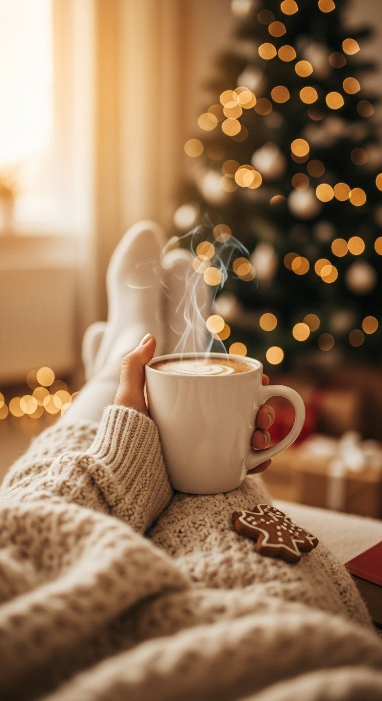 POV: Hand gently holds steaming Christmas coffee mug, blurred holiday decor, twinkling lights, soft blanket, cozy morning scene.