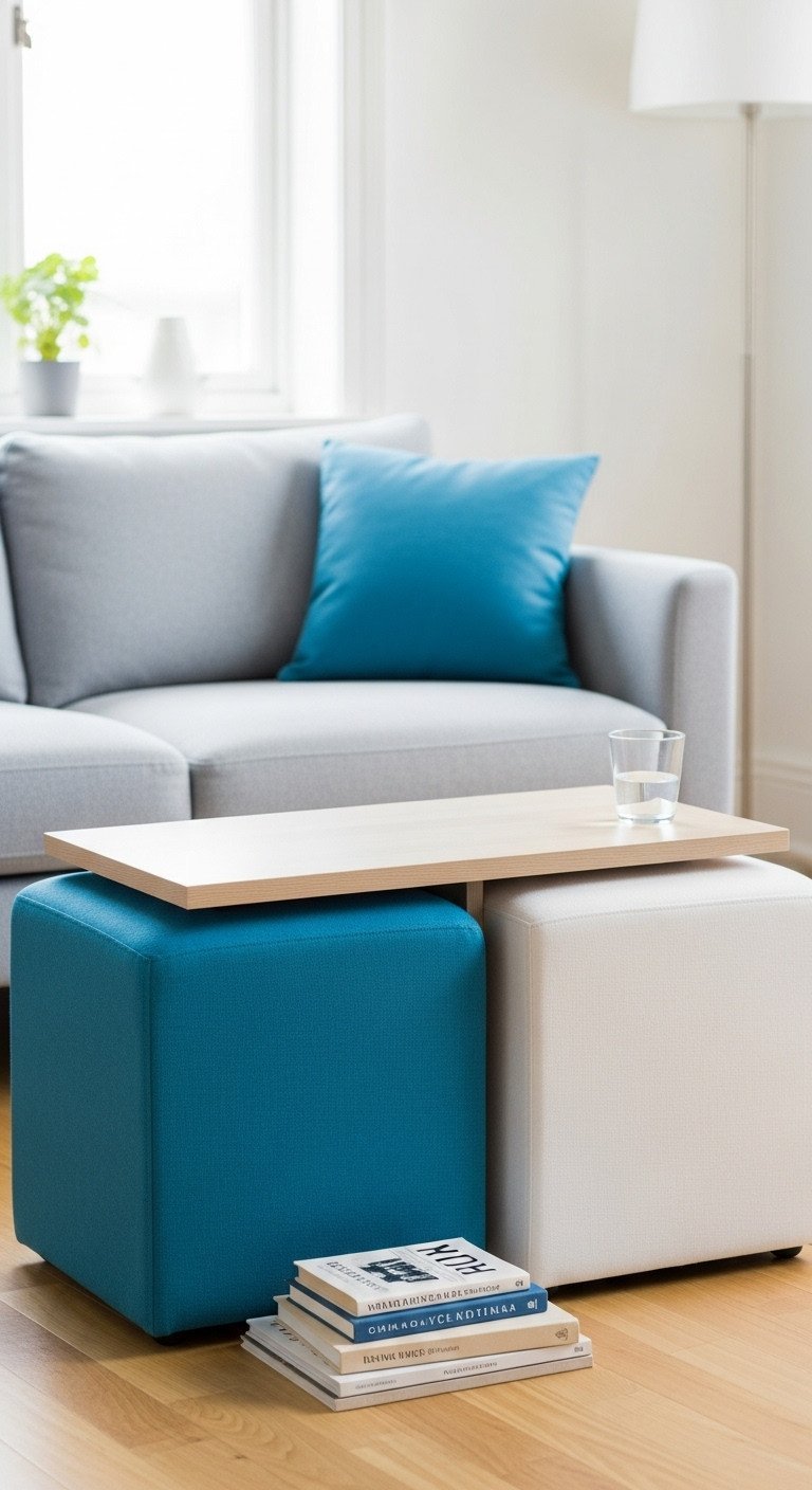 Pair of brightly colored pouf ottomans serve as compact coffee tables in a modern apartment. Space-saving, styled with books and water.