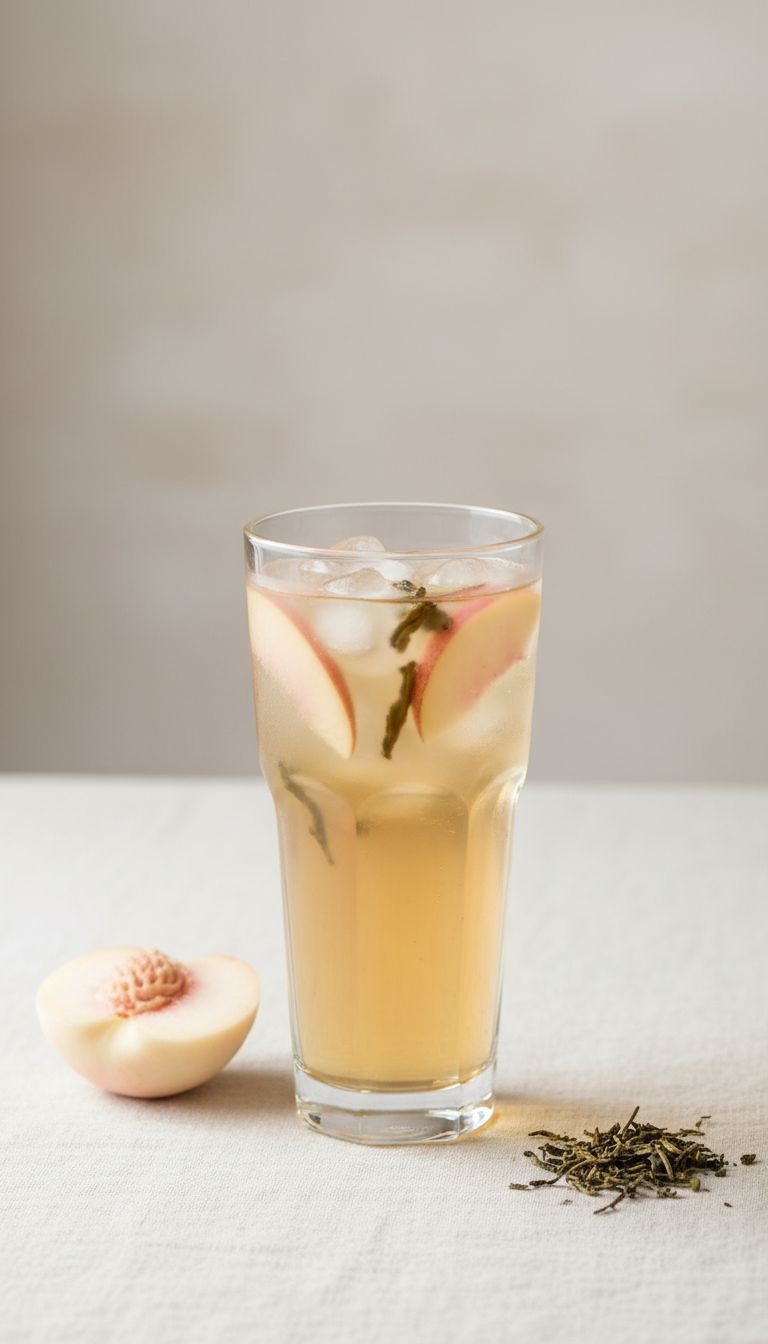 Pale golden White Peach Oolong Protein Tea with peach slices, over ice on linen, with Oolong leaves, elegant setting.