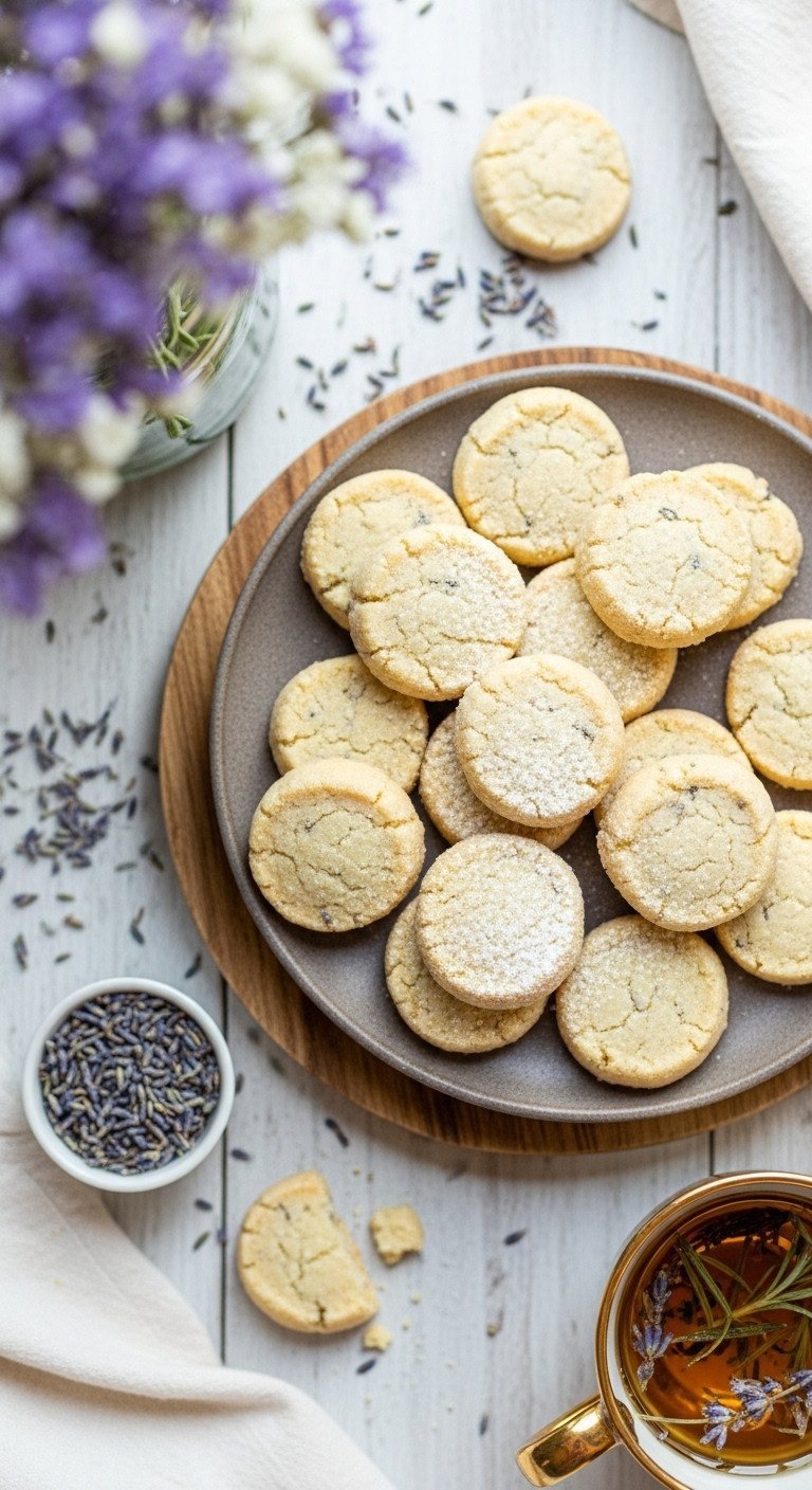 Pale golden mini lavender shortbread cookies, dusted with powdered sugar, on wood with lavender buds, perfect for tea time.