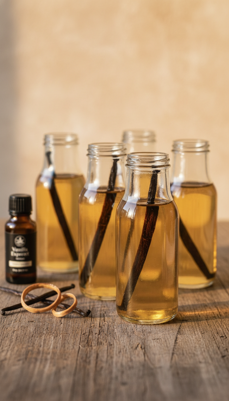 Homemade Shelf Stable Coffee Syrup Ultimate Guide No Refrigeration 5 Pale golden vanilla coffee syrup in clear glass bottles with vanilla beans soaking on rustic wooden table, cozy scene.