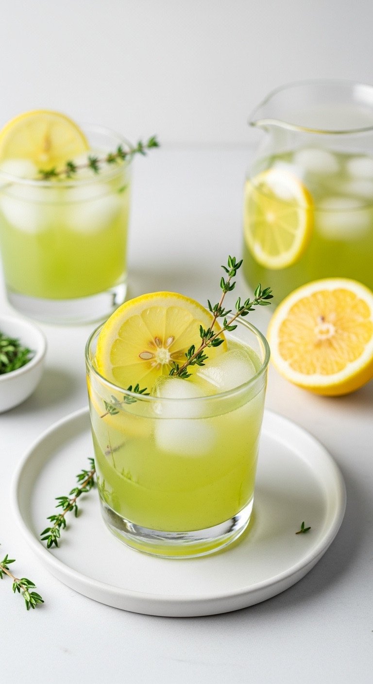 13 Perfect Green Tea Recipes Iced Matcha And No Bitterness 9 Pale green tea lemonade with a lemon wheel and thyme sprigs in a clear glass on a white plate, refreshing healthy drink.