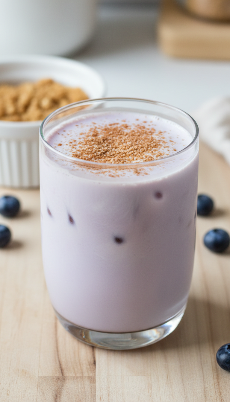 Pale purple Blueberry Cobbler iced coffee, creamy, brown sugar/cinnamon sprinkle, fresh blueberries on light wooden countertop.