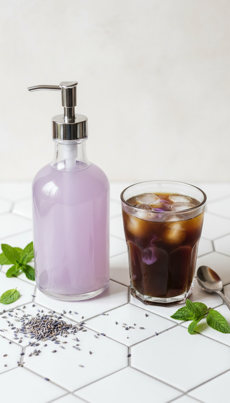 Simple Homemade Coffee Syrup: 7 Essential Recipes 7 Pale purple lavender simple syrup in a dispenser beside iced coffee, with lavender buds and mint on white tile.