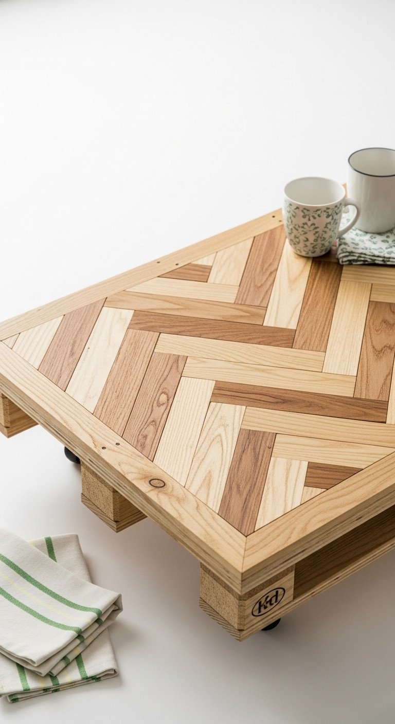 7 Genius Pallet Wood Coffee Table Ideas For Easy DIY 13 Pallet wood coffee table with herringbone pattern, varying shades. Mugs, napkin on white backdrop. Fresh greens, natural woods, creams.
