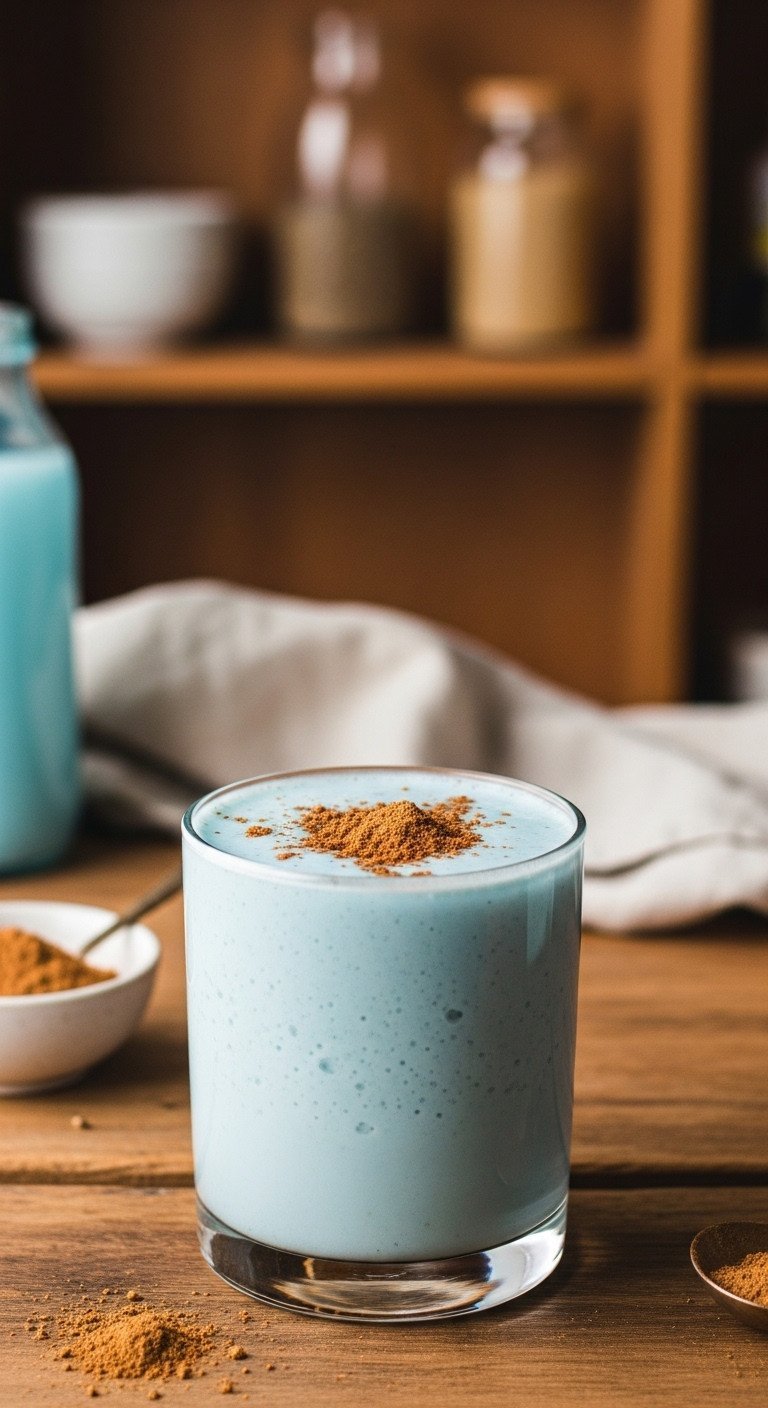 Butterfly Pea Tea Benefits Brewing and Color Change Secrets 15 Pastel blue adaptogen wellness drink in a glass with brown powder topping on a rustic table with a bowl and spoon, cozy.