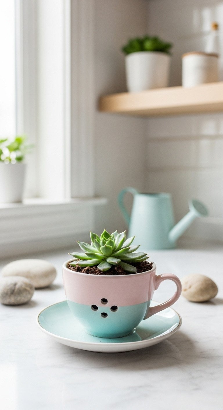 11 Tea Cup Upcycle Ideas Master China Drilling and Permanent Bonds 7 Pastel teacup succulent planter with a thriving green succulent and drainage hole, a fresh low-maintenance indoor accent.