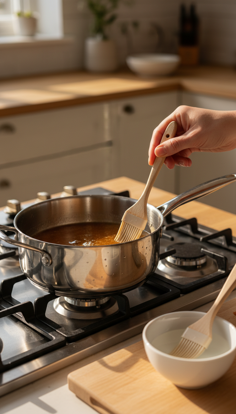 Pastry brush wiping saucepan edges to prevent syrup crystallization, showing simmering brown sugar syrup on stovetop.
